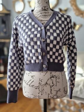Sincerely Jules Retro Vibe Checkerboard Cropped Blue & White Cardigan Small